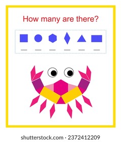 Mathe-Aktivität für Kinder. Wie viele geometrische Formen? Entwicklung von Rechenfähigkeiten. Vektorgrafik von Comic-Krabbe.