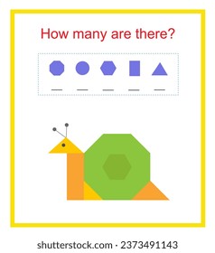 Math activity for kids. How many geometric shapes? Developing numeracy skills. Vector illustration.