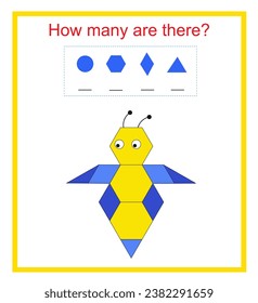 Mathe-Aktivität für Kinder. Wie viele geometrische Formen? Entwicklung von Rechenfähigkeiten. Vektorgrafik von Cartoon Biene