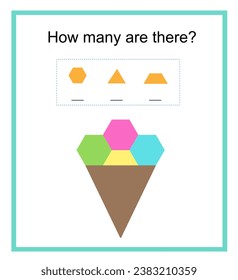 Actividad matemática para los niños. ¿Cuántas formas geométricas? Desarrollar habilidades de aritmética. Helado de dibujos animados.