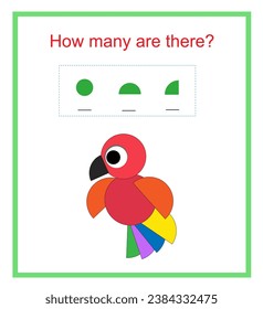 Math activity for kids. How many geometric shapes? Developing numeracy skills. Cartoon parrot.