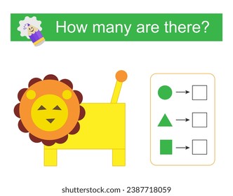 Math activity for kids. How many geometric shapes? Developing numeracy skills. Cartoon lion.