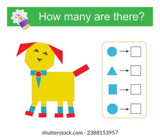 Math activity for kids. How many geometric shapes? Cartoon animal. Vector illustration