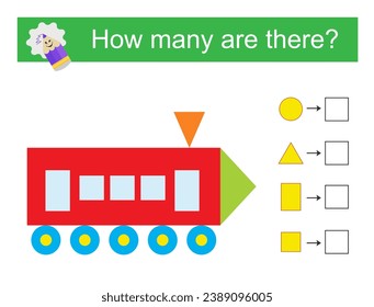 Math activity for kids. How many geometric shapes? Cartoon transport. Vector illustration