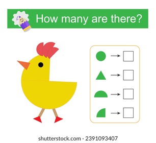 Math activity for kids. How many geometric shapes? Cartoon cute chick. Vector illustration