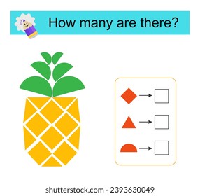 Math activity for kids. How many geometric shapes? Cartoon pineapple. Vector illustration