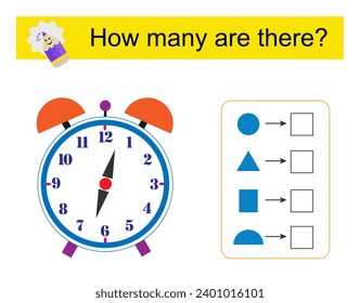 Actividad matemática para los niños. ¿Cuántas formas geométricas? Desarrollar habilidades de aritmética. Reloj vectorial.