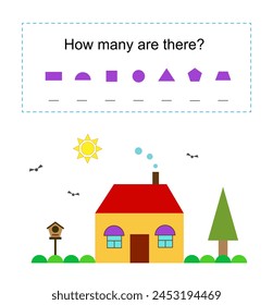 Math activity for kids. How many geometric shapes? Vector illustration.