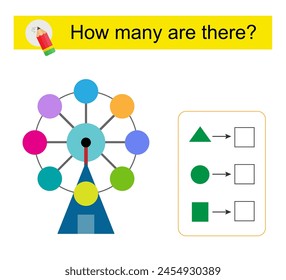 Math activity for kids. How many geometric shapes? Cartoon Ferris wheel. 