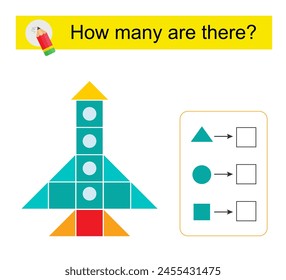 Actividad matemática para niños. ¿Cuántas Formas geométricas? Cohete de caricaturas. Ilustración vectorial