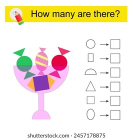 Math activity for kids. How many geometric shapes? Cartoon candies. 