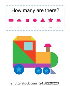 Actividad matemática para niños. ¿Cuántas Formas geométricas? Locomotora de dibujos animados. 