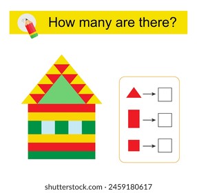 Math activity for kids. How many geometric shapes? Cartoon house. Vector illustration
