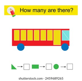 Math activity for kids. How many geometric shapes? Cartoon bus. Vector illustration