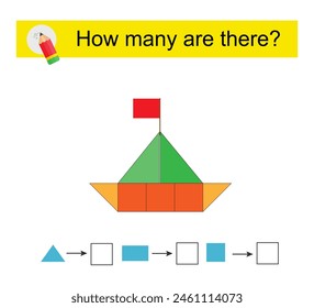 Math activity for kids. How many geometric shapes? Cartoon boat paper. Vector illustration