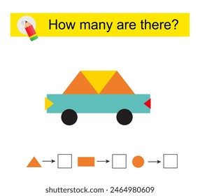 Actividad matemática para niños. ¿Cuántas Formas geométricas? Coche de dibujos animados. 