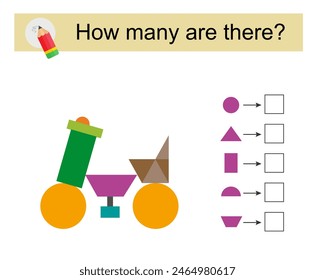 Actividad matemática para niños. ¿Cuántas Formas geométricas? Moto de dibujos animados.