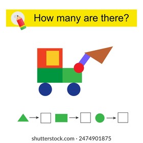 Actividad matemática para niños. ¿Cuántas Formas geométricas? Excavadora de dibujos animados. Ilustración vectorial