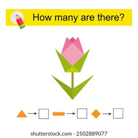 Math activity for kids. How many geometric shapes? Cartoon pink rose. 