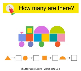 Actividad matemática para niños. ¿Cuántas Formas geométricas? Tren de dibujos animados. Ilustración vectorial