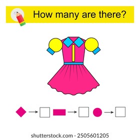 Mathematische Aktivität für Kinder. Wie viele geometrische Formen? Karikaturenkleid. Vektorgrafik