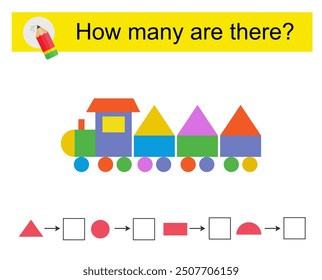 Actividad matemática para niños. ¿Cuántas Formas geométricas? Tren de dibujos animados. 