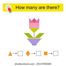 Actividad matemática para niños. ¿Cuántas Formas geométricas? Flor de dibujos animados rosa. 