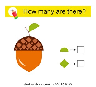 Math activity for kids. How many geometric shapes? Cartoon acorn. 