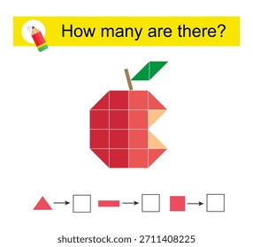 Atividade matemática para crianças. Quantas formas geométricas? Cartoon comeu maçã. Ilustração vetorial