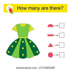 Atividade matemática para crianças. Quantas formas geométricas? Vestido para menina. Ilustração vetorial