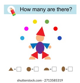 Atividade matemática para crianças. Quantas formas geométricas? Malabarista de desenhos animados. Ilustração vetorial