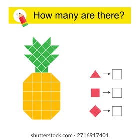 Atividade matemática para crianças. Quantas formas geométricas? Ananás de desenho animado. Ilustração vetorial