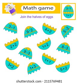 Math activity for kids. Join the halves of eggs. Developing numeracy skills. Number range up to 10.