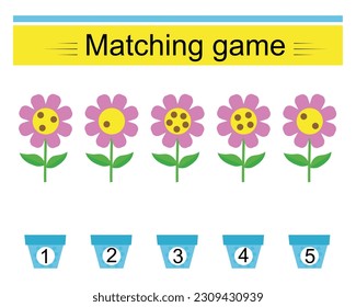 Math activity for kids. Matching game. Developing numeracy skills. Number range up to 5. Vector illustration.