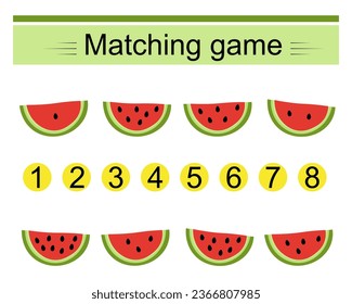 Math activity for kids. Matching game. Developing numeracy skills. Number range up to 8. Vector illustration.