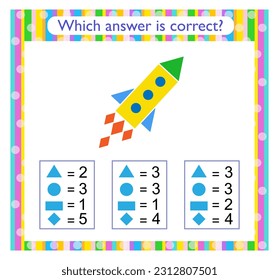 Math activity for kids. Need to find the correct answer. Preschool worksheet activity. Vector illustration. 