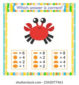 Math activity for kids. Need to find the correct answer. Preschool worksheet activity. Vector illustration of cartoon crab.