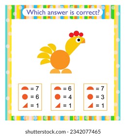 Math activity for kids. Need to find the correct answer. Preschool worksheet activity. Vector illustration of cartoon rooster.