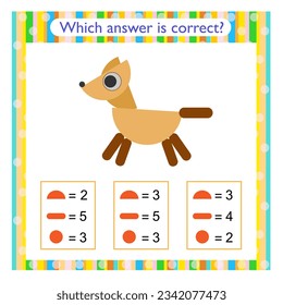 Math activity for kids. Need to find the correct answer. Preschool worksheet activity. Vector illustration of cartoon dog.