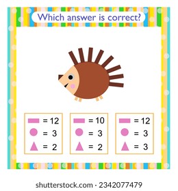 Math activity for kids. Need to find the correct answer. Preschool worksheet activity. Vector illustration of cartoon hedgehog.