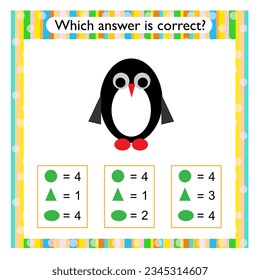 Math activity for kids. Need to find the correct answer. Preschool worksheet activity. Vector illustration of cartoon penguin. 