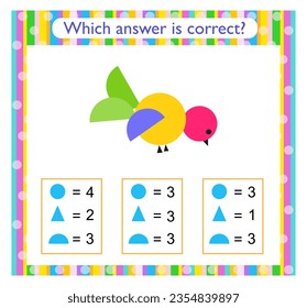 Math activity for kids. Need to find the correct answer. Cartoon bird. Preschool worksheet activity. 