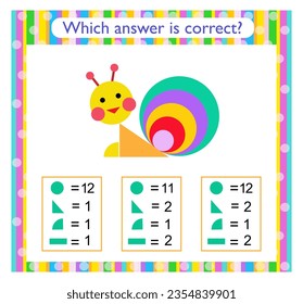 Math activity for kids. Need to find the correct answer. Cartoon snail. Preschool worksheet activity. 