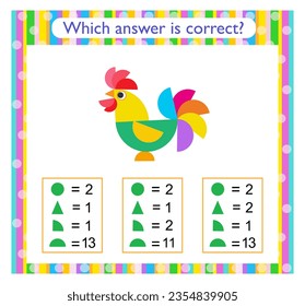 Math activity for kids. Need to find the correct answer. Cartoon rooster. Preschool worksheet activity. 