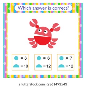Math activity for kids. Need to find the correct answer. Cartoon penguin. Preschool worksheet activity.