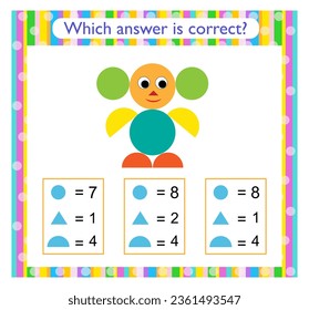 Math activity for kids. Need to find the correct answer. Cartoon animal. Preschool worksheet activity. 