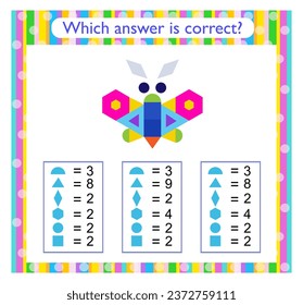 Math activity for kids. Need to find the correct answer. Cartoon butterfly. Preschool worksheet activity. Vector.