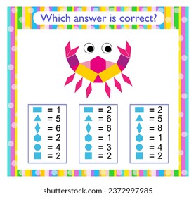 Math activity for kids. Need to find the correct answer. Cartoon crab. Preschool worksheet activity. 