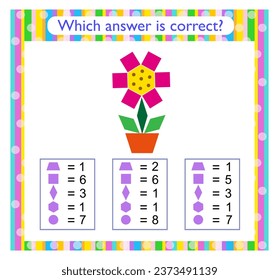 Math activity for kids. Need to find the correct answer. Cartoon flower. Preschool worksheet activity. 