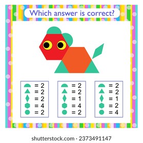 Math activity for kids. Need to find the correct answer. Cartoon animal. Preschool worksheet activity.